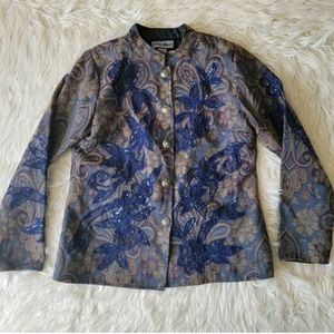 Indigo Moon Jacket Women S Abstract Blue Floral Embroidery Button Beaded Blazer